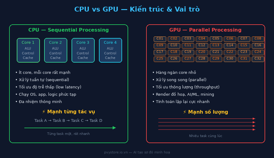Sơ đồ so sánh CPU vs GPU — kiến trúc và cách xử lý