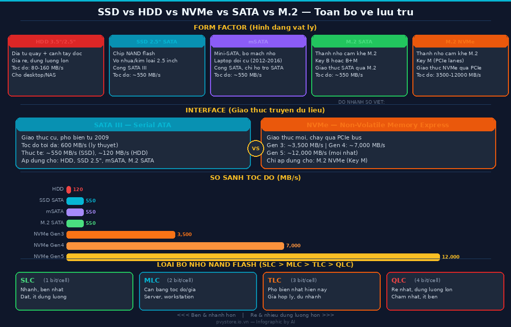 Sơ đồ so sánh HDD vs SSD vs NVMe vs SATA vs mSATA vs M.2 — Form Factor, Interface, Tốc độ, NAND Type