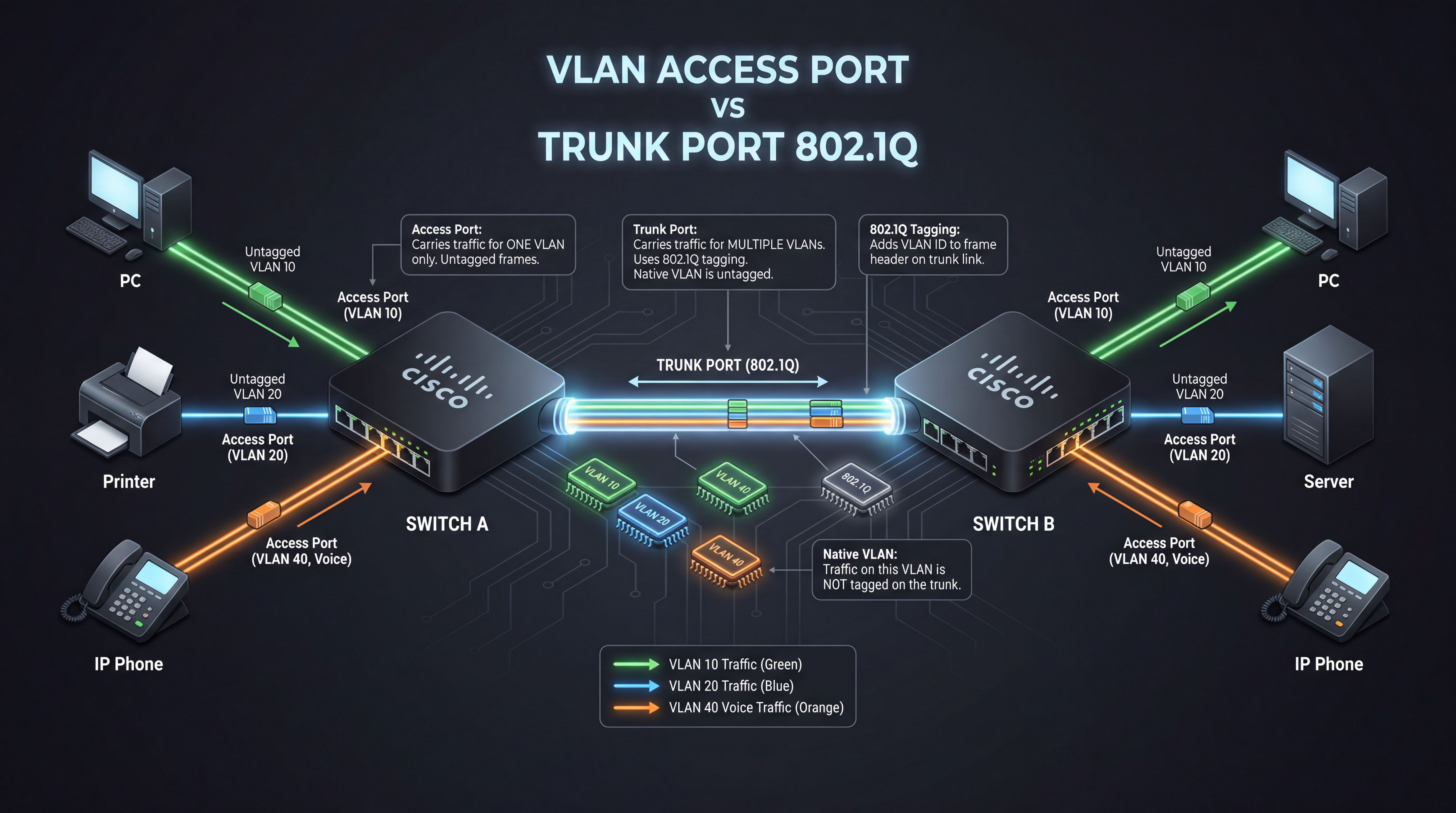Sơ đồ VLAN Access Port và Trunk Port 802.1Q